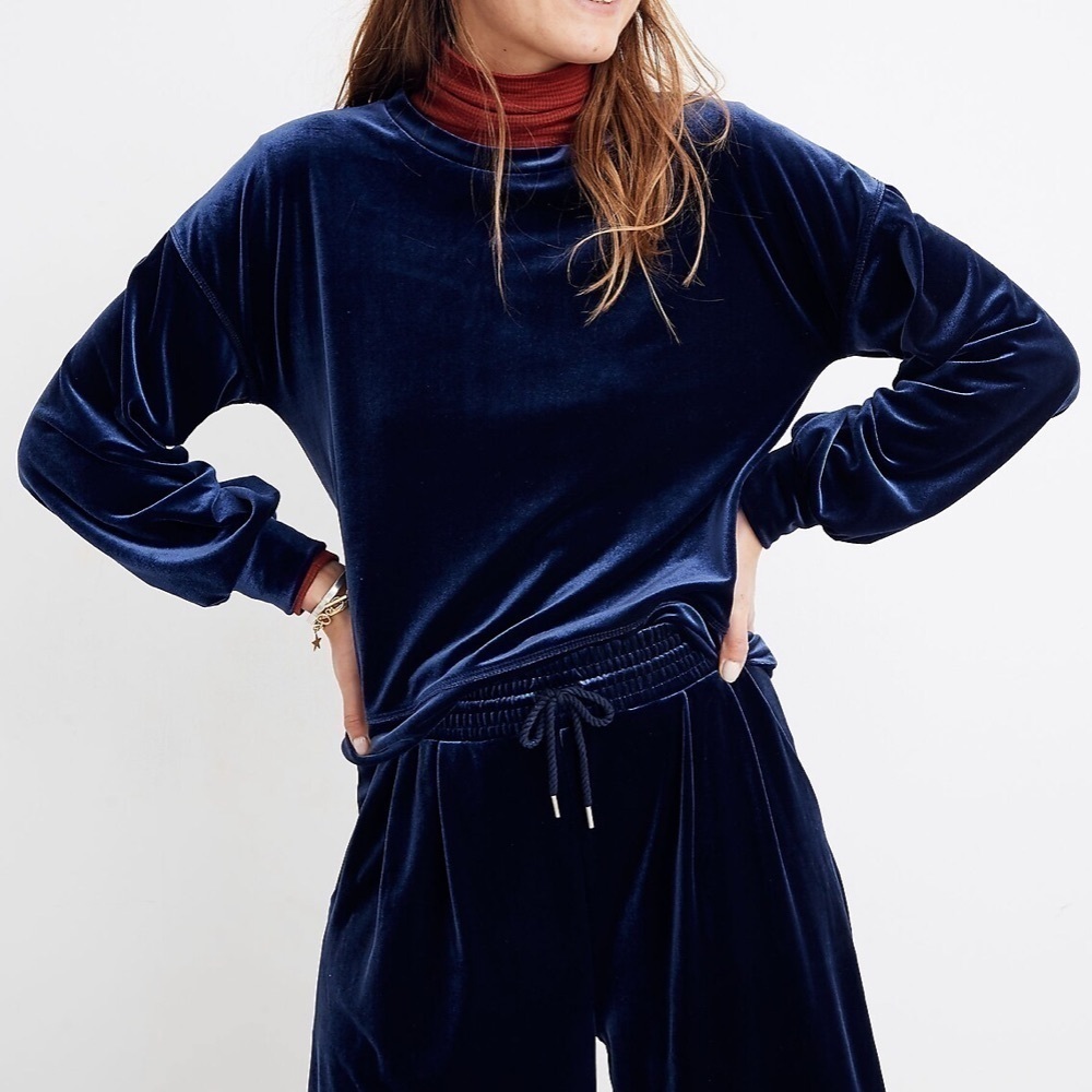 Madewell navy blue velvet balloon sleeve blouse